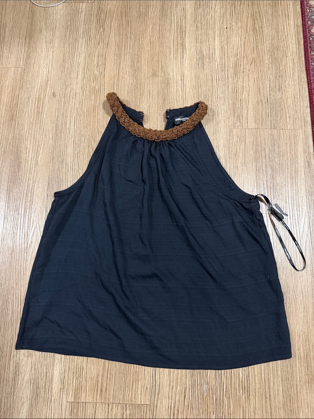 Karl Lagerfeld Black Halter Camisole with Brown Beaded Neckline L